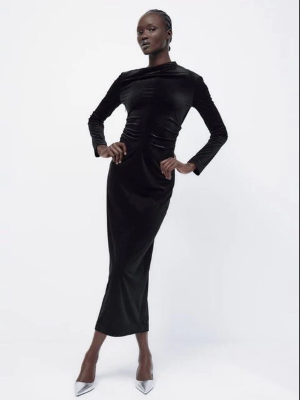 Zara Black Velvet Long-Sleeve Maxi Dress